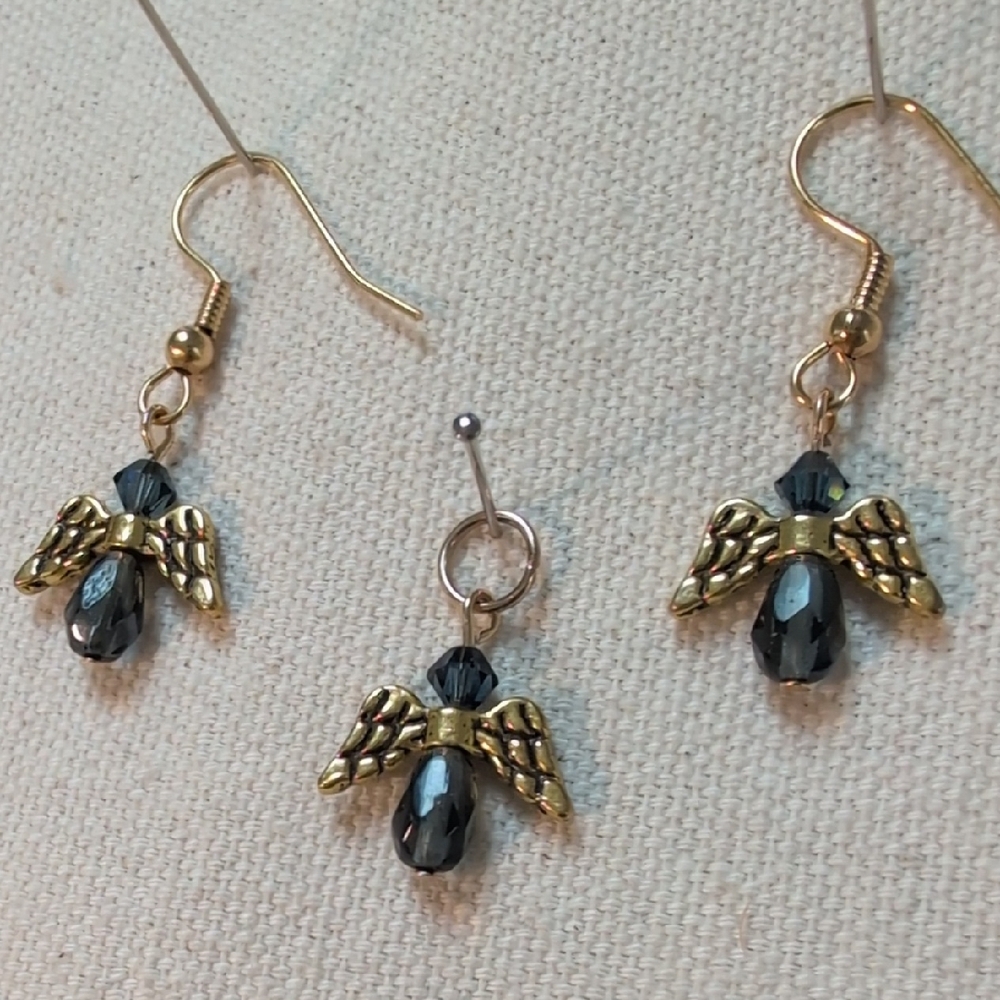 Handmade Gold-tone Angel Earrings & Pendant Set -hypoallergenic